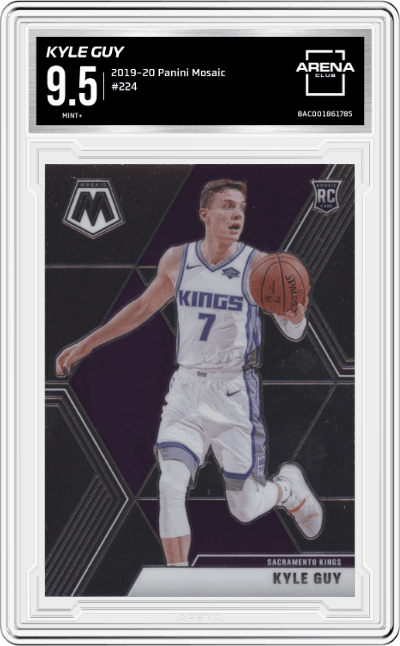 Kyle Guy from the 2019-20 Panini Mosaic  set graded by Arena Club and given an overall grade of 9.5.