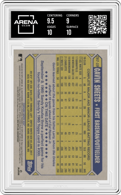 Gavin Sheets from the 2022 Topps   set graded by Arena Club and given an overall grade of 9.5.