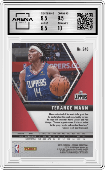 Terance Mann from the 2019-20 Panini Mosaic  set graded by Arena Club and given an overall grade of 10.