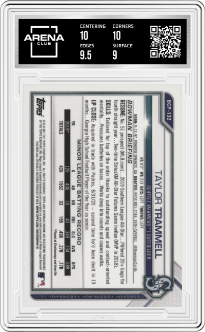 Taylor Trammell from the 2021 Bowman set graded by Arena Club and given an overall grade of 9.5.