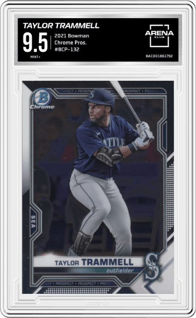 Taylor Trammell from the 2021 Bowman set graded by Arena Club and given an overall grade of 9.5.