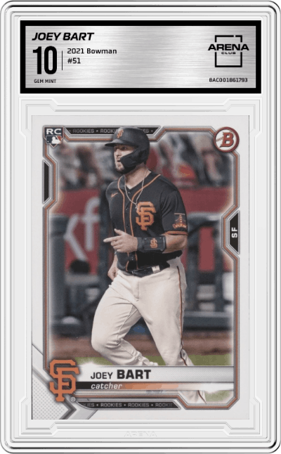 Joey Bart from the 2021 Bowman set graded by Arena Club and given an overall grade of 10.