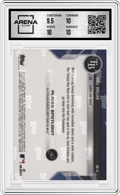 Vidal Brujan from the 2022 Topps Now Road to Opening Day set graded by Arena Club and given an overall grade of 10.
