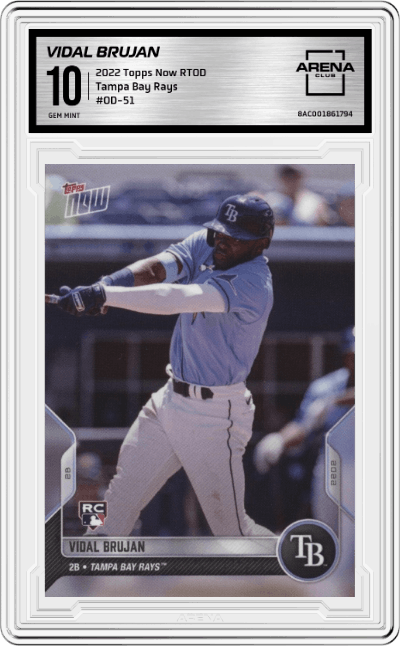Vidal Brujan from the 2022 Topps Now Road to Opening Day set graded by Arena Club and given an overall grade of 10.