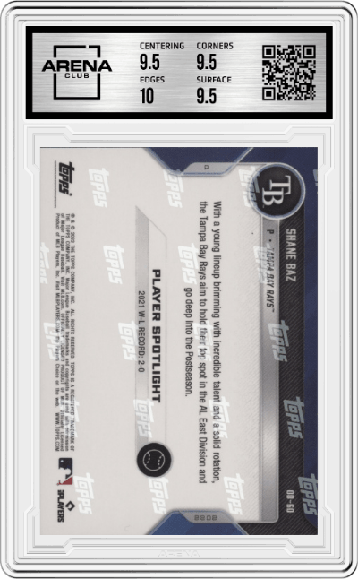 Shane Baz from the 2022 Topps Now Road to Opening Day set graded by Arena Club and given an overall grade of 10.