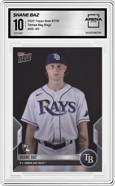 Shane Baz from the 2022 Topps Now Road to Opening Day set graded by Arena Club and given an overall grade of 10.