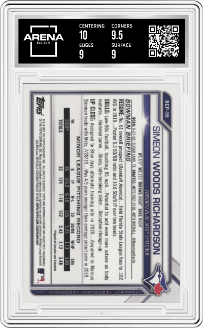 Simeon Woods Richardson from the 2021 Bowman set graded by Arena Club and given an overall grade of 9.5.