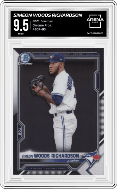 Simeon Woods Richardson from the 2021 Bowman set graded by Arena Club and given an overall grade of 9.5.