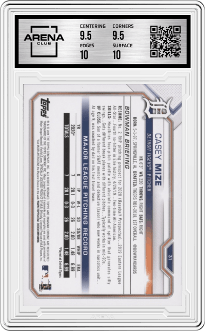 Casey Mize from the 2021 Bowman set graded by Arena Club and given an overall grade of 10.