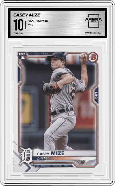 Casey Mize from the 2021 Bowman set graded by Arena Club and given an overall grade of 10.