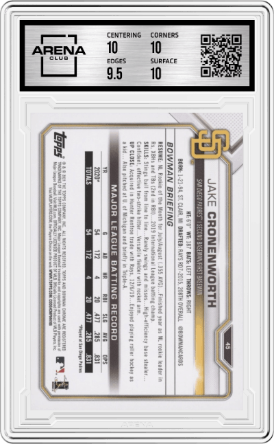 Jake Cronenworth from the 2021 Bowman set graded by Arena Club and given an overall grade of 10.