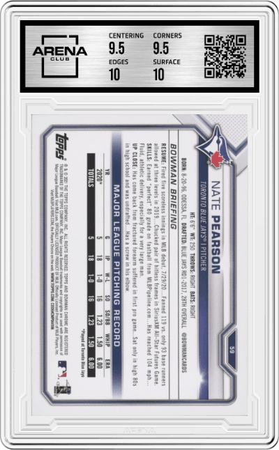 Nate Pearson from the 2021 Bowman set graded by Arena Club and given an overall grade of 10.
