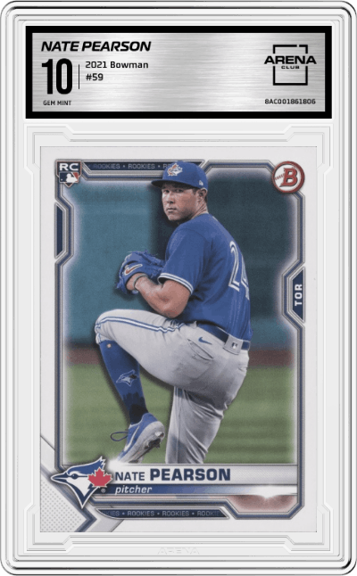 Nate Pearson from the 2021 Bowman set graded by Arena Club and given an overall grade of 10.