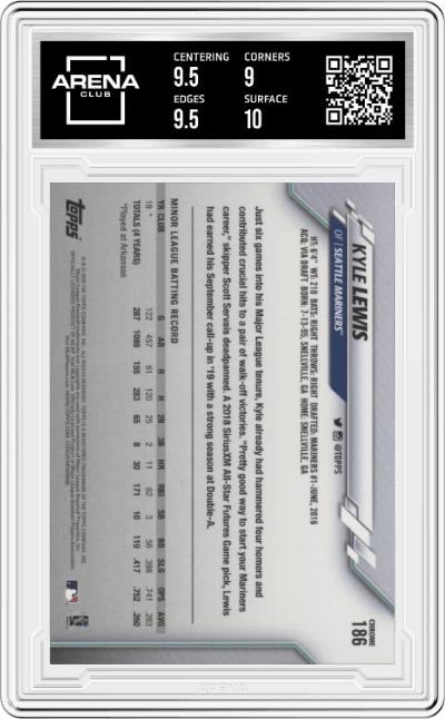Kyle Lewis from the 2020 Topps Chrome set graded by Arena Club and given an overall grade of 9.5.