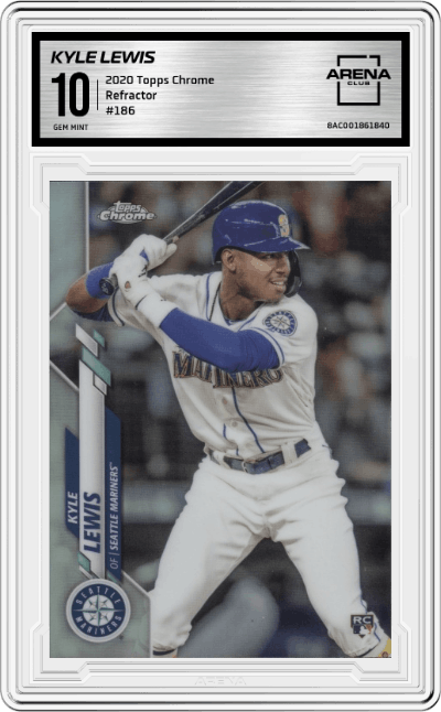 Kyle Lewis from the 2020 Topps Chrome set featuring a Refractor parallel graded by Arena Club and given an overall grade of 10.