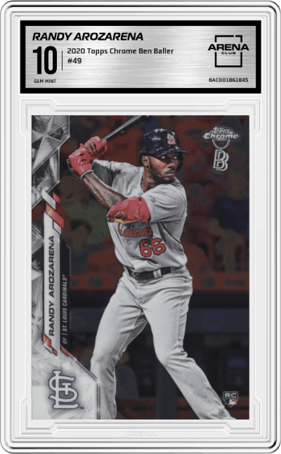 Randy Arozarena from the 2020 Topps Chrome Ben Baller Edition set graded by Arena Club and given an overall grade of 10.