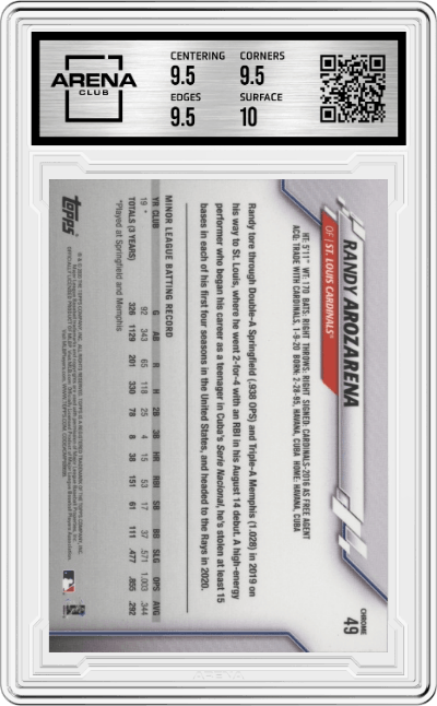 Randy Arozarena from the 2020 Topps Chrome set featuring a Prism Refractor parallel graded by Arena Club and given an overall grade of 10.