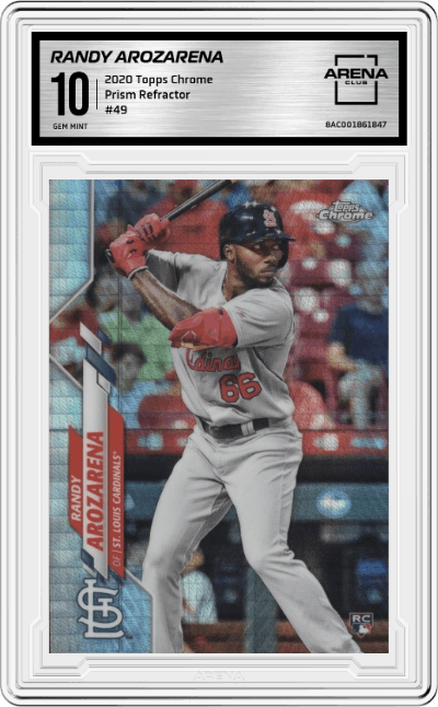 Randy Arozarena from the 2020 Topps Chrome set featuring a Prism Refractor parallel graded by Arena Club and given an overall grade of 10.