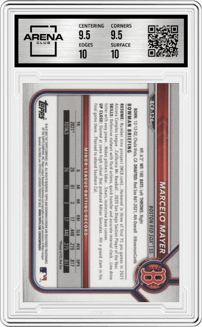 Marcelo Mayer from the 2022 Bowman Mega Box set graded by Arena Club and given an overall grade of 10.