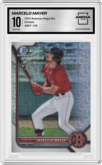 Marcelo Mayer from the 2022 Bowman Mega Box set graded by Arena Club and given an overall grade of 10.