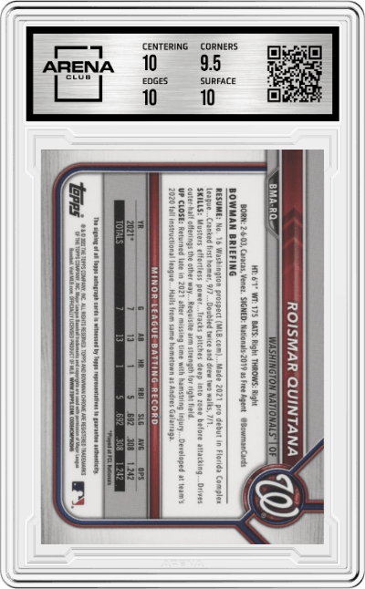 Roismar Quintana from the 2022 Bowman Mega Box set graded by Arena Club and given an overall grade of 10.
