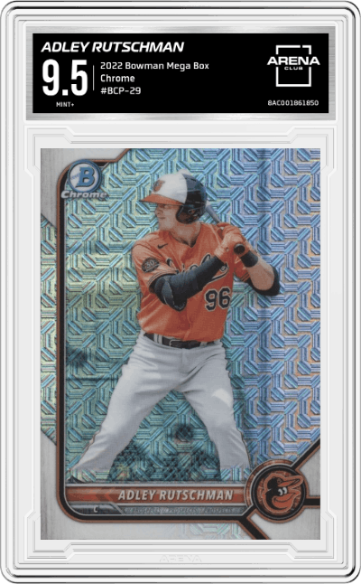 Adley Rutschman from the 2022 Bowman Mega Box set graded by Arena Club and given an overall grade of 9.5.