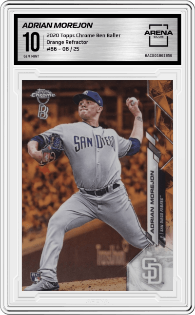 Adrian Morejon from the 2020 Topps Chrome Ben Baller Edition set featuring a Orange Refractor parallel graded by Arena Club and given an overall grade of 10.