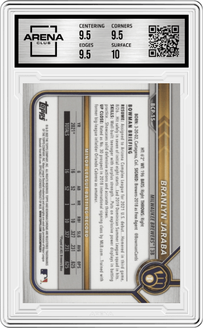 Branlyn Jaraba from the 2022 Bowman Mega Box set graded by Arena Club and given an overall grade of 10.