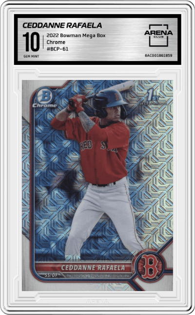 Ceddanne Rafaela from the 2022 Bowman Mega Box set graded by Arena Club and given an overall grade of 10.