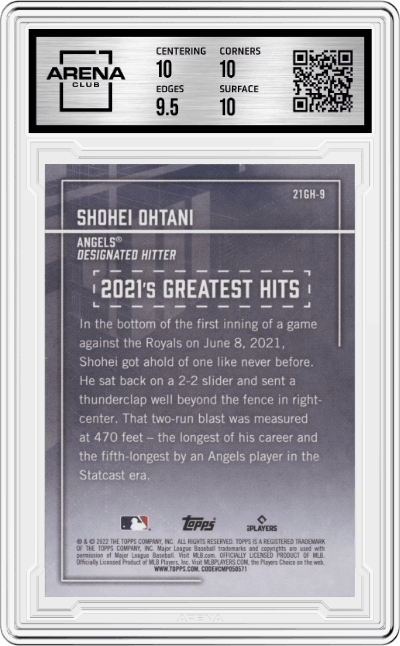 Shohei Ohtani from the 2022 Topps   set graded by Arena Club and given an overall grade of 10.