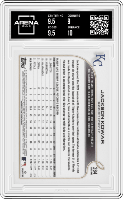Jackson Kowar from the 2022 Topps   set graded by Arena Club and given an overall grade of 9.5.