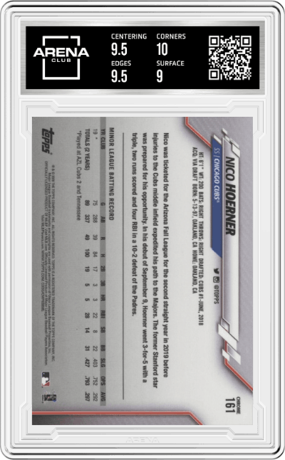 Nico Hoerner from the 2020 Topps Chrome set graded by Arena Club and given an overall grade of 9.5.