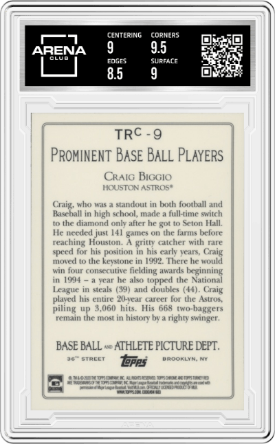 Craig Biggio from the 2020 Topps Update  set graded by Arena Club and given an overall grade of 9.