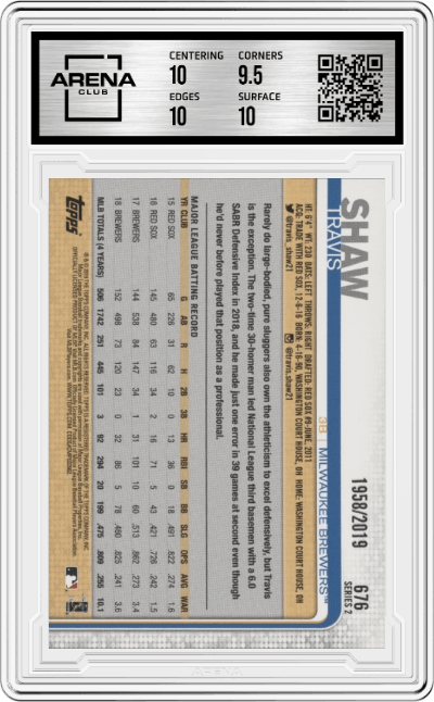 Travis Shaw from the 2019 Topps Series 2 set featuring a Gold parallel graded by Arena Club and given an overall grade of 10.