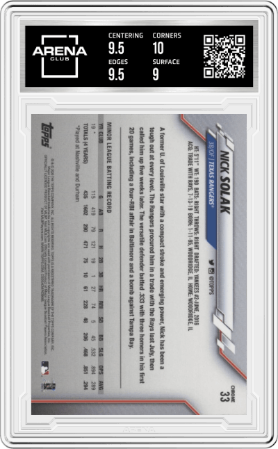 Nick Solak from the 2020 Topps Chrome set graded by Arena Club and given an overall grade of 9.5.