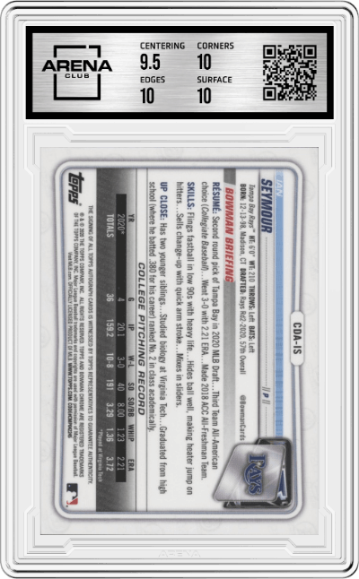 Ian Seymour from the 2020 Bowman Draft set graded by Arena Club and given an overall grade of 10.