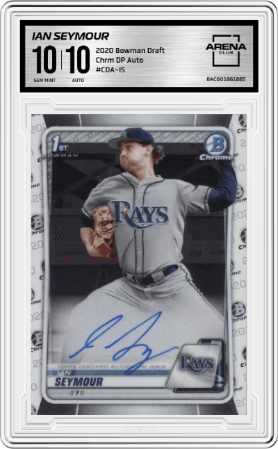 Ian Seymour from the 2020 Bowman Draft set graded by Arena Club and given an overall grade of 10.