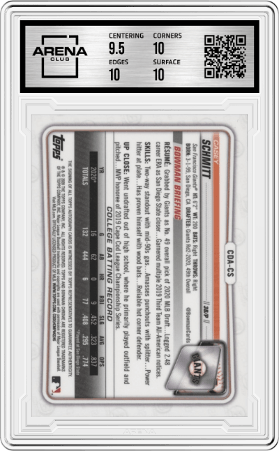 Casey Schmitt from the 2020 Bowman Draft set graded by Arena Club and given an overall grade of 10.