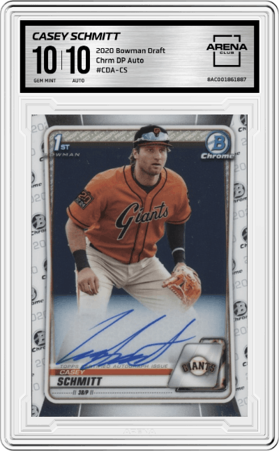 Casey Schmitt from the 2020 Bowman Draft set graded by Arena Club and given an overall grade of 10.