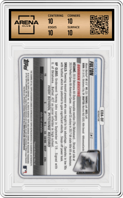 Daxton Fulton from the 2020 Bowman Draft set featuring a Refractor parallel graded by Arena Club and given an overall grade of 10.