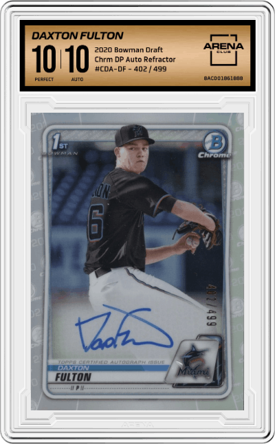 Daxton Fulton from the 2020 Bowman Draft set featuring a Refractor parallel graded by Arena Club and given an overall grade of 10.