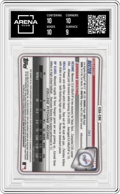 Clayton Beeter from the 2020 Bowman Draft set graded by Arena Club and given an overall grade of 9.5.