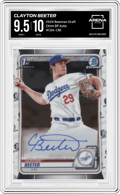 Clayton Beeter from the 2020 Bowman Draft set graded by Arena Club and given an overall grade of 9.5.