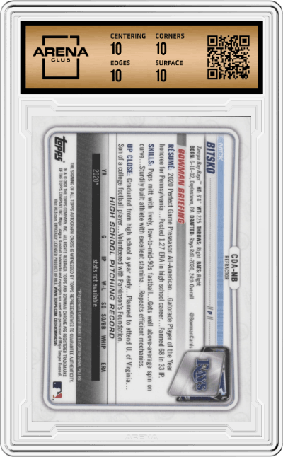 Nick Bitsko from the 2020 Bowman Draft set featuring a Refractor parallel graded by Arena Club and given an overall grade of 10.