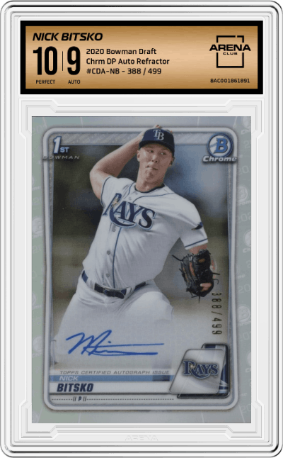 Nick Bitsko from the 2020 Bowman Draft set featuring a Refractor parallel graded by Arena Club and given an overall grade of 10.