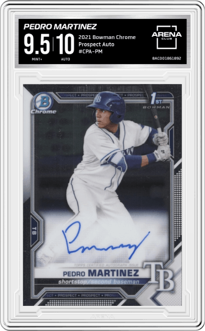 Pedro Martinez from the 2021 Bowman Chrome set graded by Arena Club and given an overall grade of 9.5.