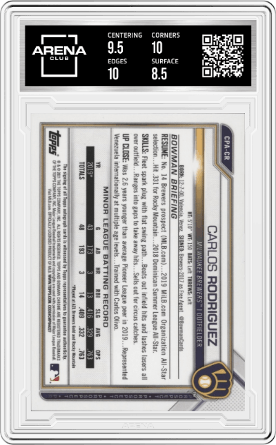 Carlos Rodriguez from the 2021 Bowman Chrome set graded by Arena Club and given an overall grade of 9.