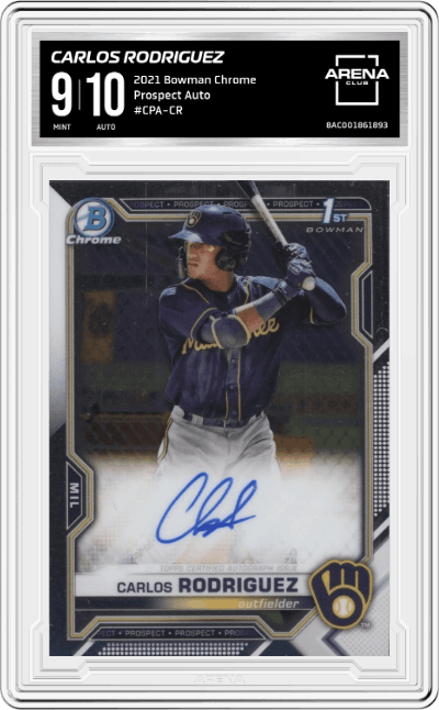 Carlos Rodriguez from the 2021 Bowman Chrome set graded by Arena Club and given an overall grade of 9.