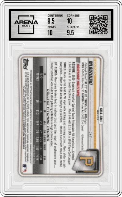 Carmen Mlodzinski from the 2020 Bowman Draft set featuring a Refractor parallel graded by Arena Club and given an overall grade of 10.