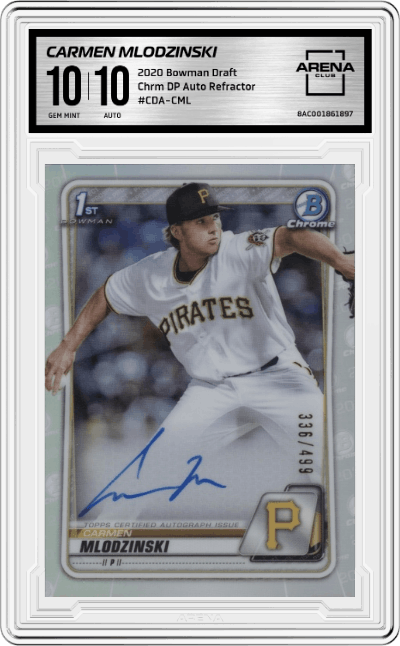 Carmen Mlodzinski from the 2020 Bowman Draft set featuring a Refractor parallel graded by Arena Club and given an overall grade of 10.